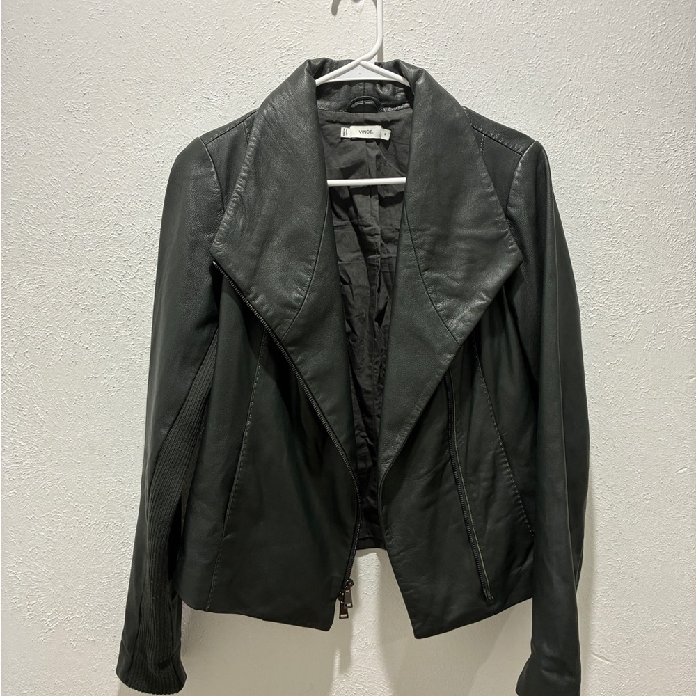 Vince Dark Green Leather Jacket for Women